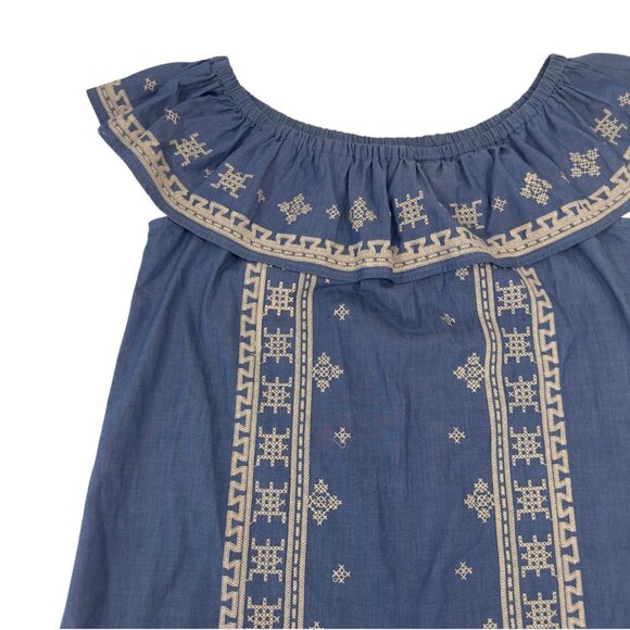 Joy Joy Womens Off-Shoulder Embroidered Chambray Blue Top Size Large 100% Cotton - Picture 2 of 10